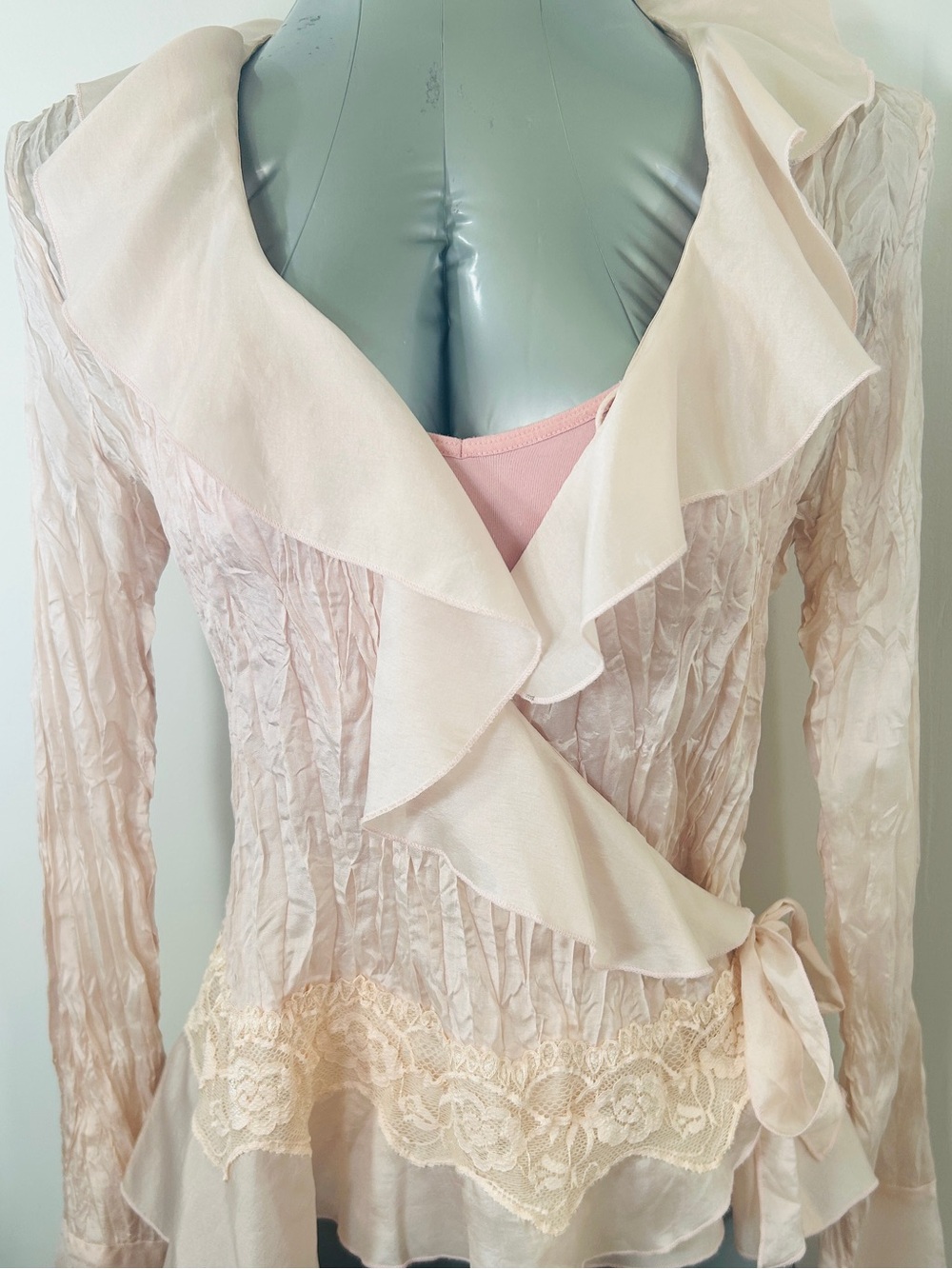 Allison Taylor Pale Pink Ruffle Lace Wrap Blouse